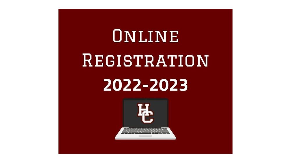 Online Registration 2022-2023 and a laptop with HC logo